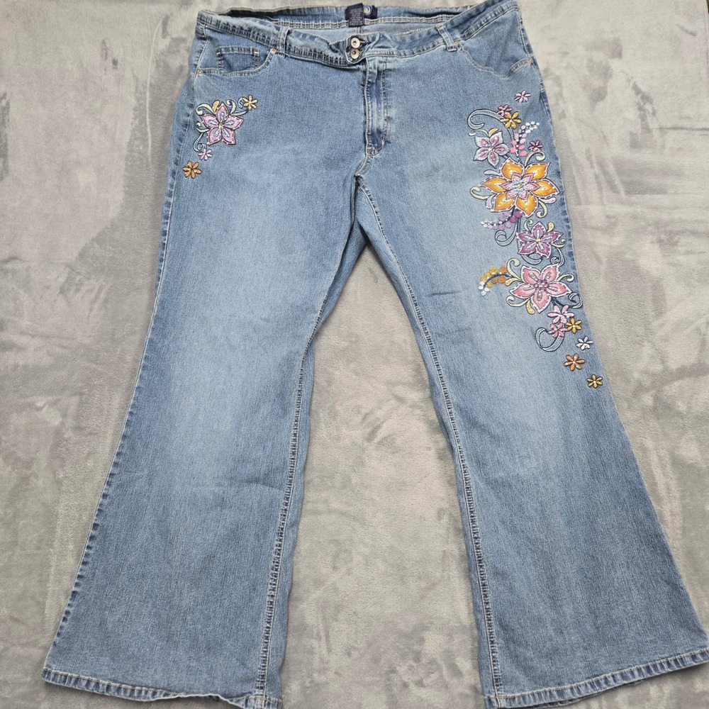 Angels Forever Young Embroidered Flare Jeans Womens Size 26W Blue Floral Boho